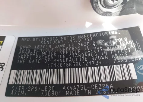 2024 Toyota Camry Xse из США, поврежденный, VIN 4T1K61BK5RU121734